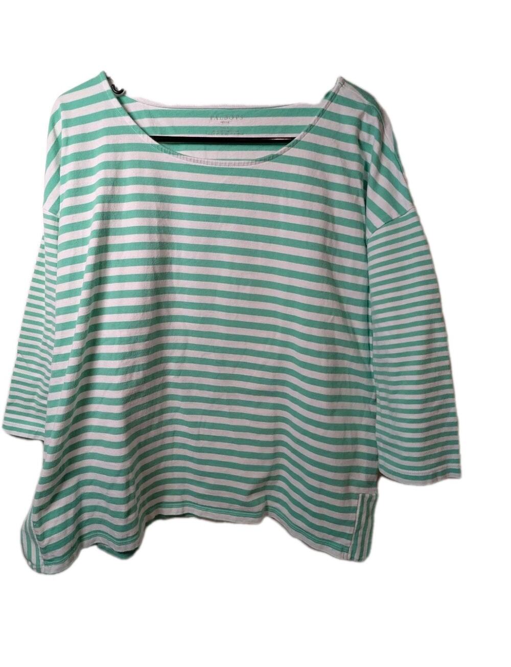 Talbots Blouse Womens Petite XL PXL Green Striped Cotton Stretch Knit Tee Shirt